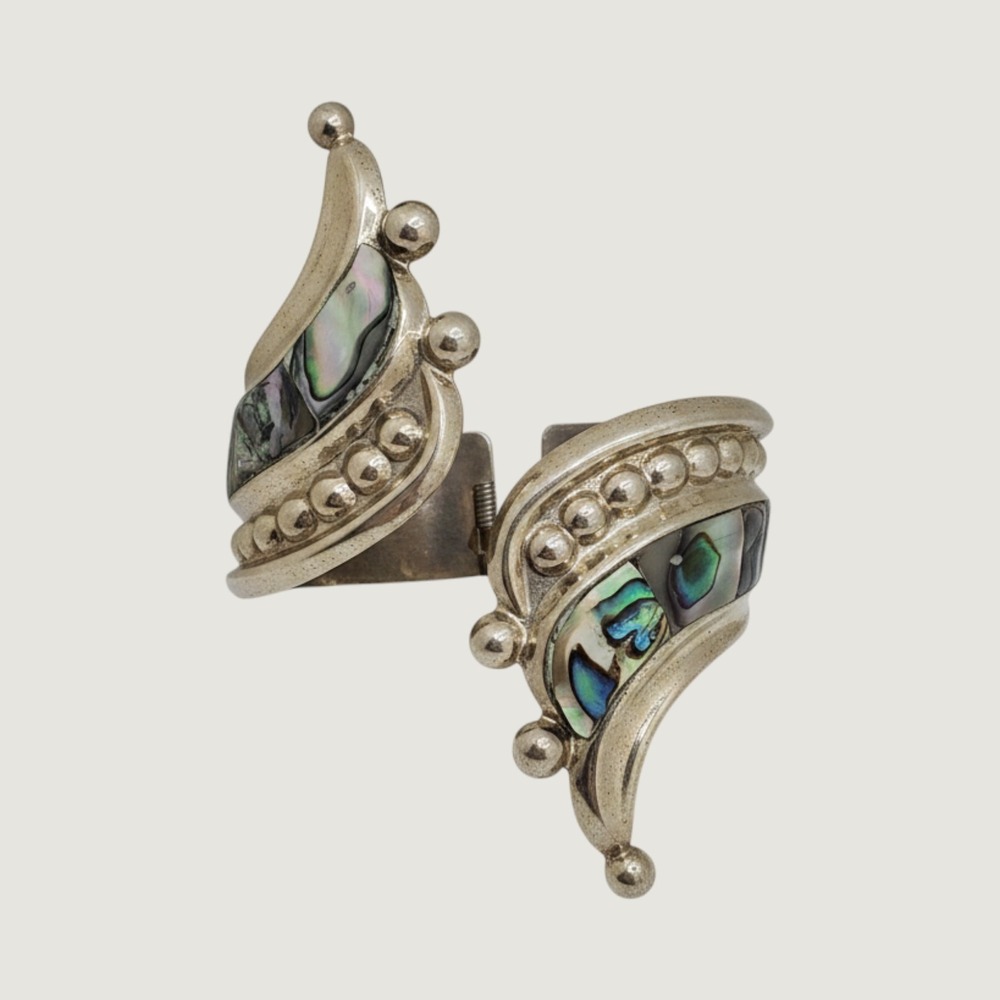 Vintage Boho Alpaca Abalone Shell Swirl Clamper Cuff Bracelet 6-7in Collectible